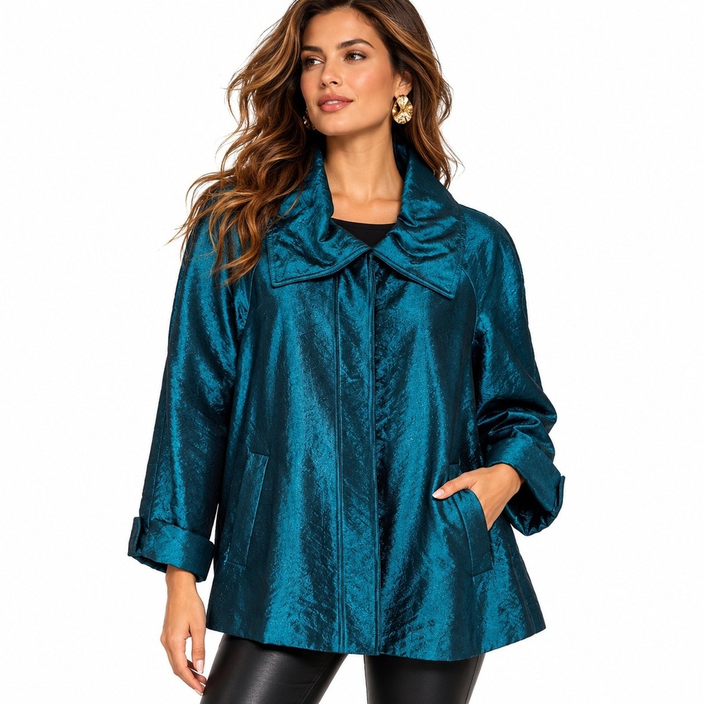 Chicos Sindy Lustrous Shine Jacket 3/ XL Teal Shimmer Metallic Glam Party NWT